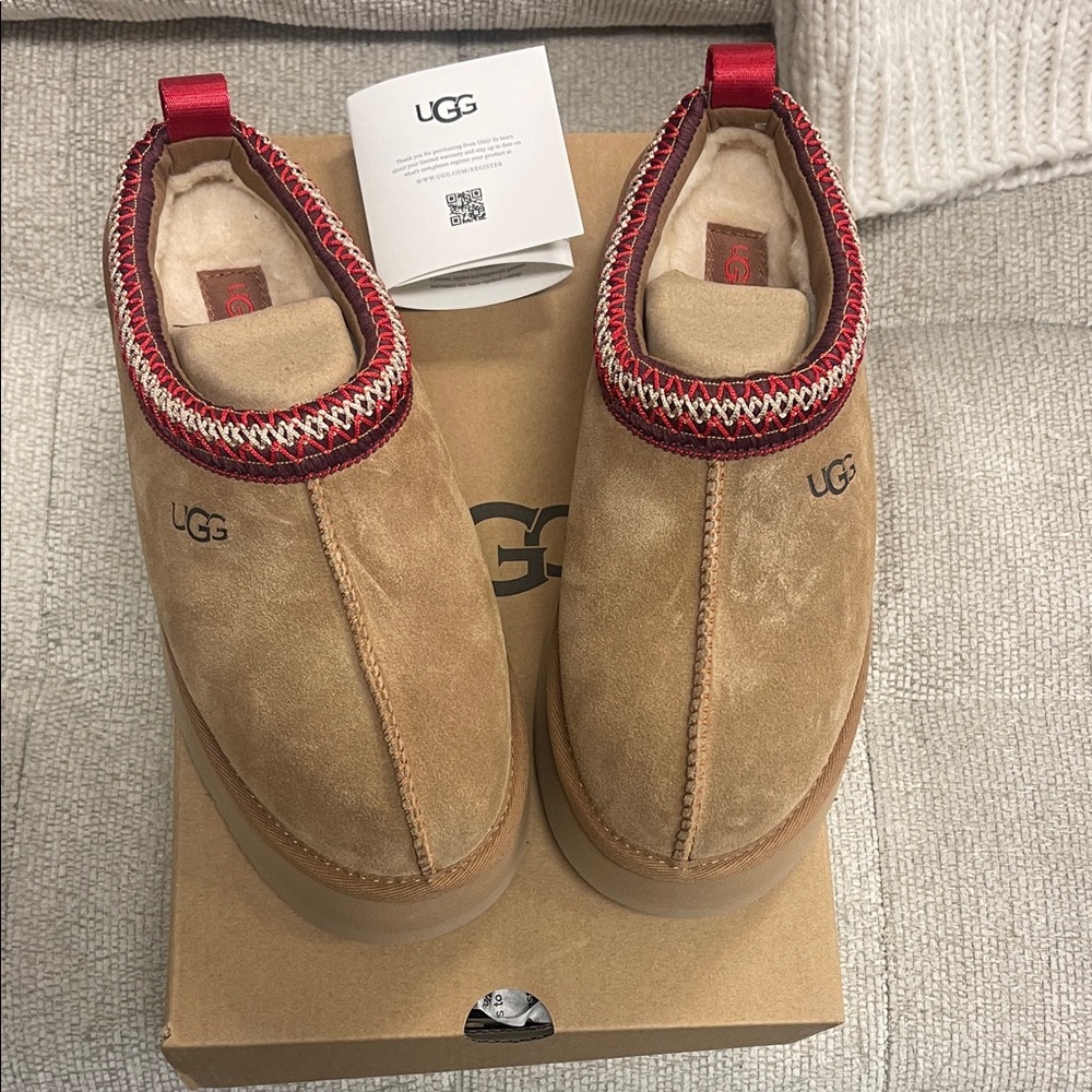 UGG Tan Slippers with Red Trim Brand new in the box